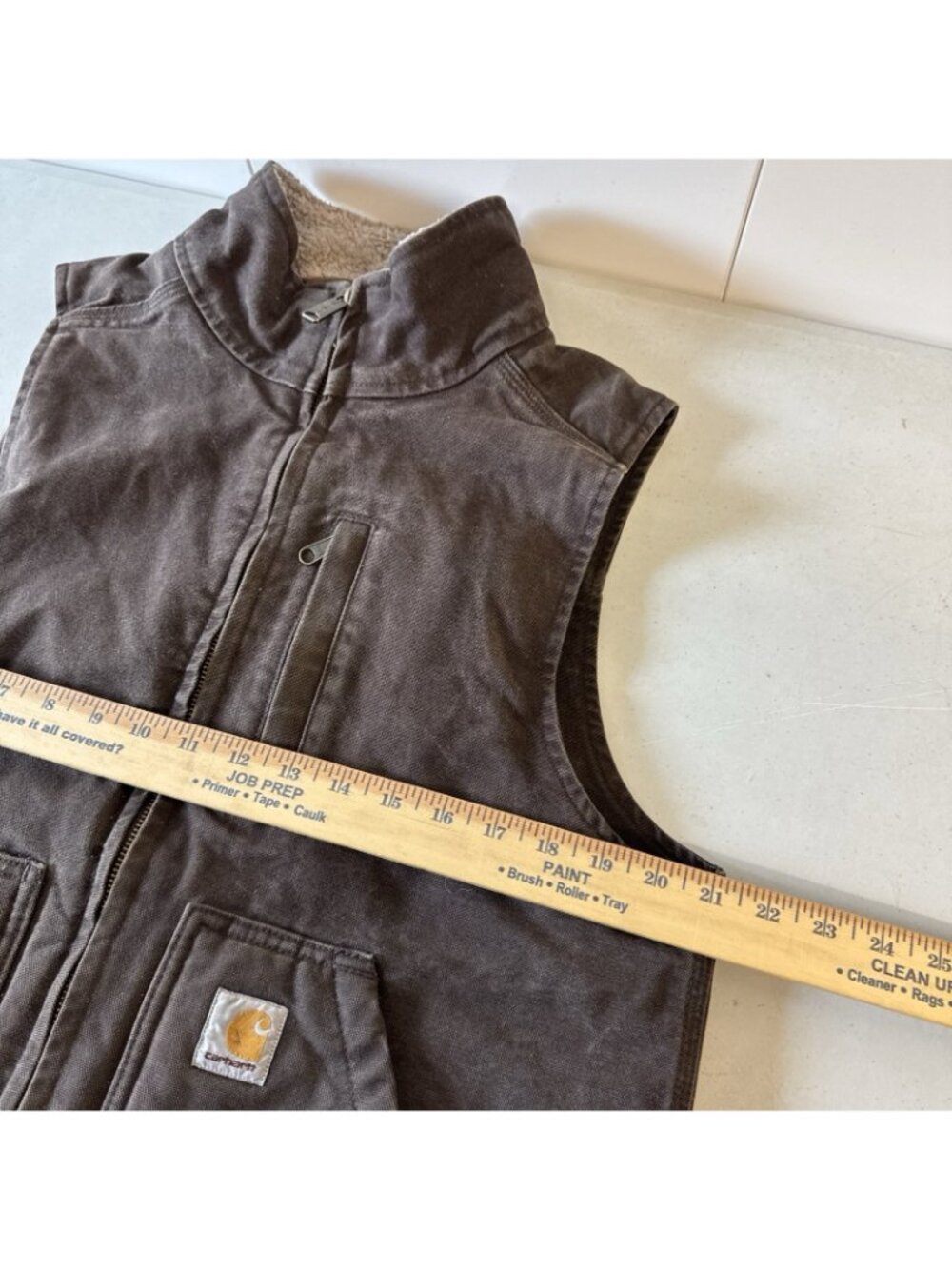 VTG Carhartt Brown Canvas Duck Sherpa Lined Vest Full Zip Size Small - Picture 6 of 9